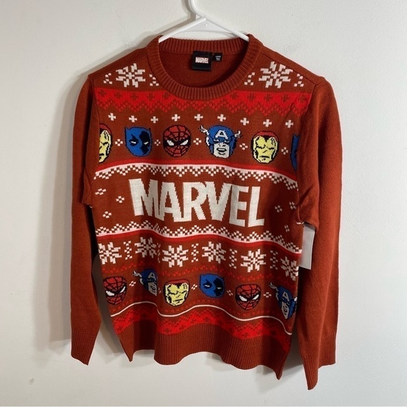 Marvel Ugly Christmas Sweater NWT Large Spider-Man Captain America Iron Man Red - Picture 2 of 5